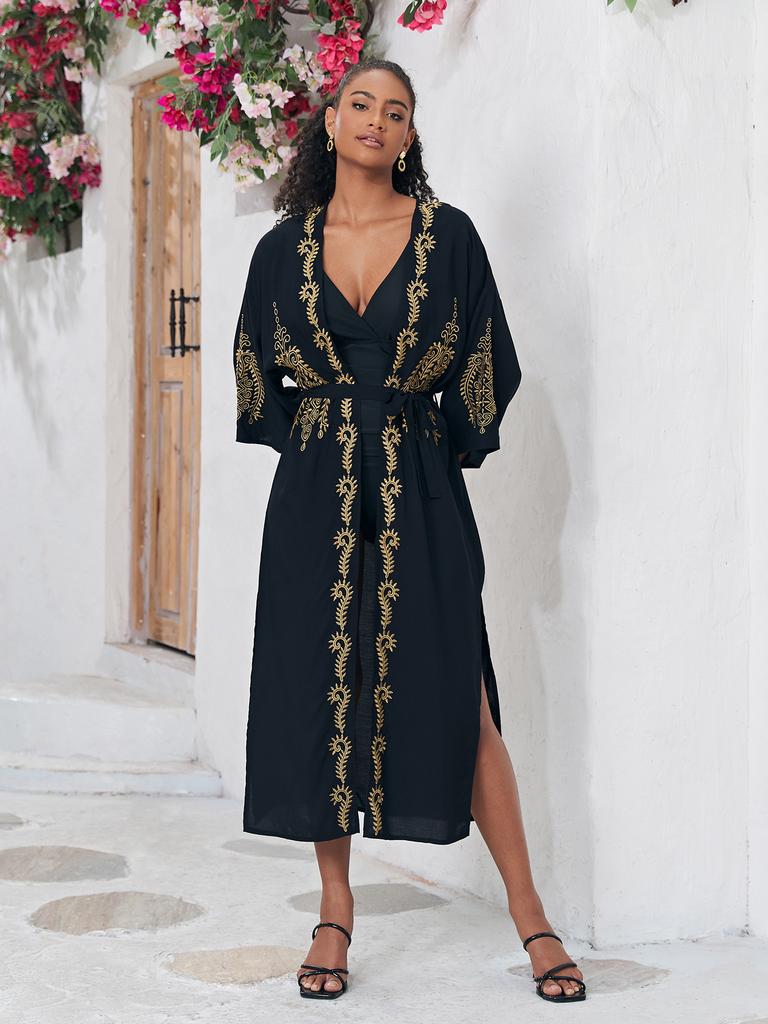 Beach Kimono Gold Embroidery Cover Ups for Swimwear Self Belted Swimsuit Cape Wrap Dresses Holiday Bathing Suits