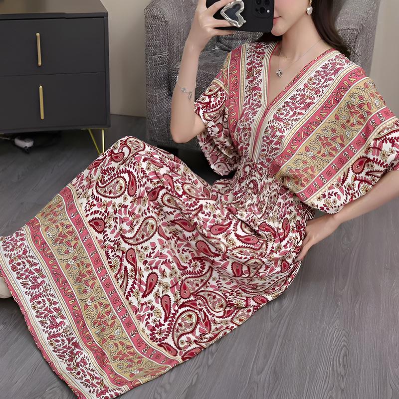 Этническое платье с V-образным вырезом и короткими рукавами из вискозы с французско-тайским принтом для женщин, к 25-летнему юбилею