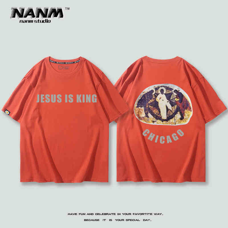 2024 New Fashion KANYE with Short Sleeve T-shirt Boys Kanye Music Festival Three Gods Religious Oil Loose Hip Hop Half Sleeve