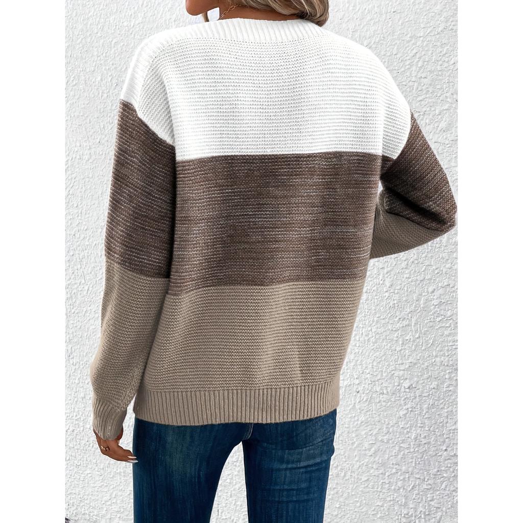 Stripe Color Block Sweater, Elegant Long Sleeve Drop Shoulder Sweater for Fall & Winter, Women's Clothing