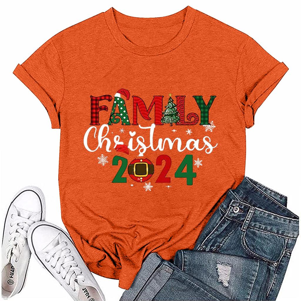 Женский повседневный рождественский принт с короткими рукавами и круглым вырезом, свободный пуловер, топ