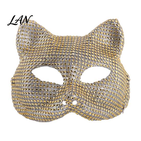 Sparkling Carnival Face Mask Full Rhinestone Halloween Mask, Skull And Cat Adjustable Elastic Straps Costume for Theme Dances Masquerade Party