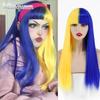 Halloween Cosplay Half Blue Half Yellow Synthetic Straight Wigs with Bangs for Women Green Red Black Blonde Purple Lolita Wig