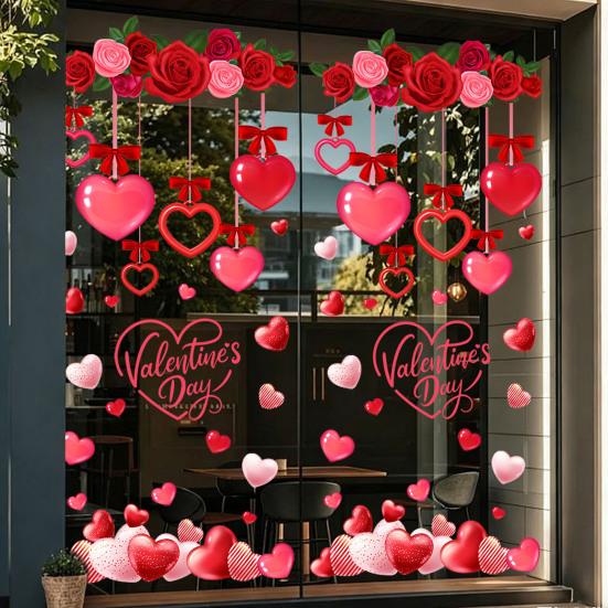 Valentine's Day Window Clings Decoration Red Pink Heart Stickers Reusable Static Decals for Home