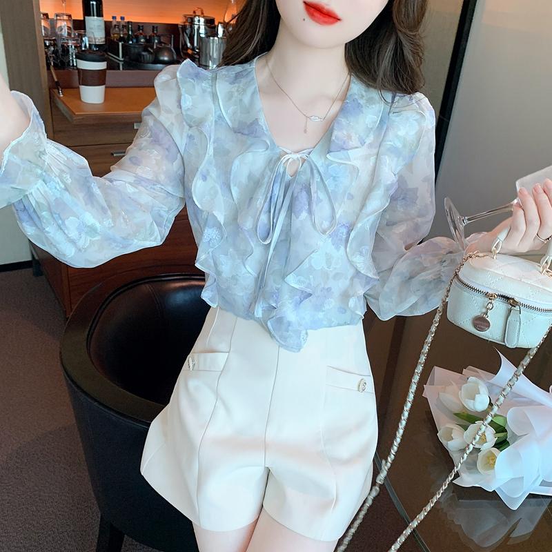Осенняя мода 2024 года, повседневная шифоновая блузка с длинным рукавом и V-образным вырезом, с оборками и принтом, женская блузка, топы, рубашки J520