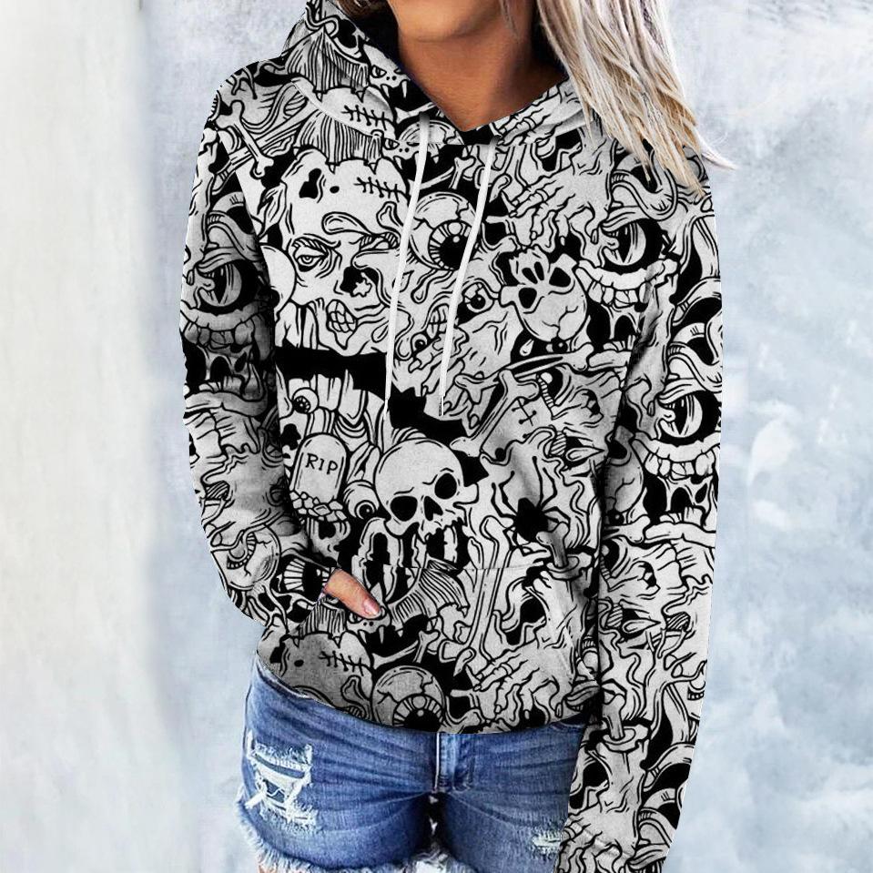 Весна и осень женская толстовка с капюшоном с 3D-принтом и элементом «Хеллоуин», модная свободная толстовка с длинным рукавом и капюшоном, уличная одежда
