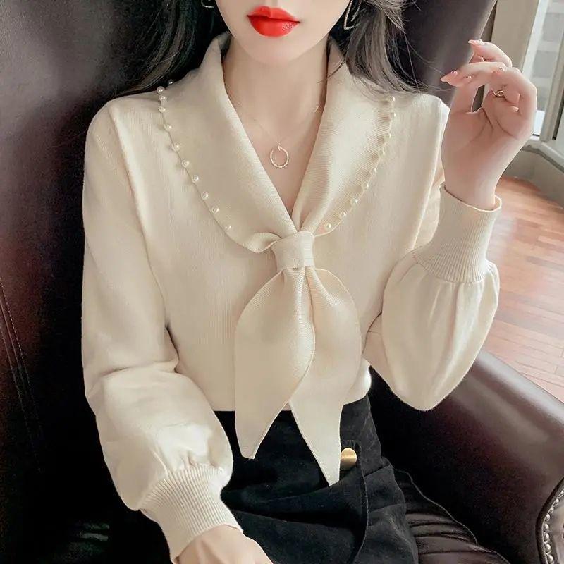 Модная блузка с длинным рукавом с v-образным вырезом и бантом, свободные повседневные пуловеры с длинным рукавом, женская одежда, рубашка
