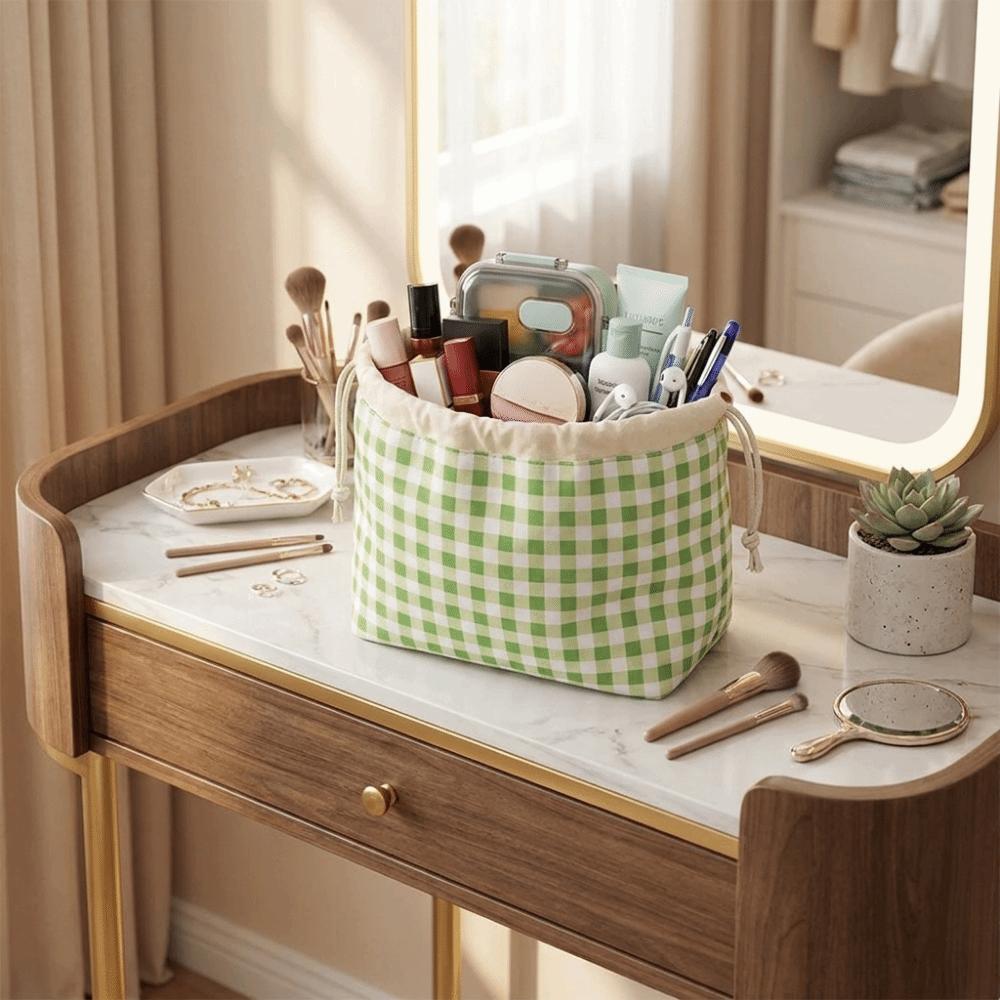 Plaid Pattern Drawstring Cosmetic Organizer Portable Drawstring Storage Pouch Sundries Storage