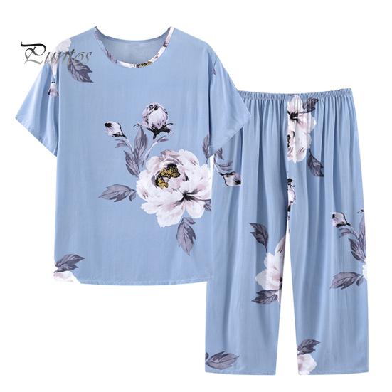 2 шт./компл. женский пижамный комплект среднего возраста с круглым вырезом и цветочным принтом, с коротким рукавом, эластичной резинкой на талии, плиссированные, свободные, тонкие, с широкими штанинами, мягкая одежда для сна для мамы, бабушки, топ