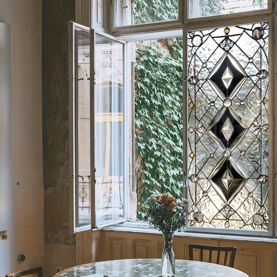 Geometric Window Film Rhombus Pattern Privacy Film Stained Glass Art Static Cling Sun Blocking Decal for Home Office Windows Glass Doors