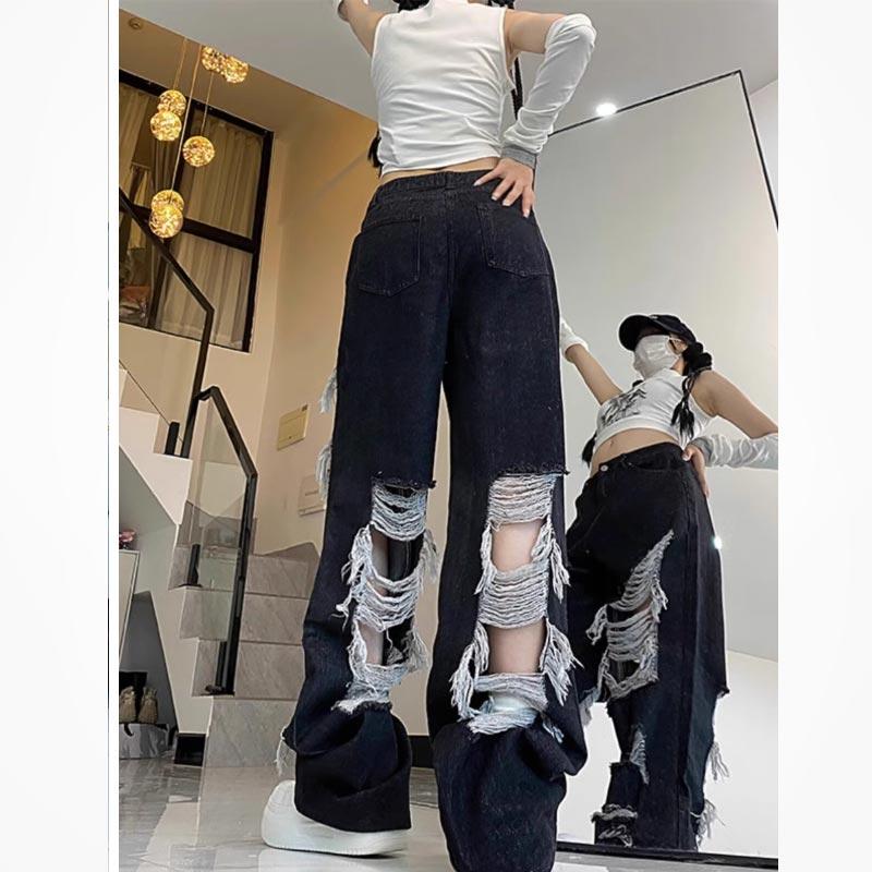 Street Style Ripped Jeans for Women Summer Straight Wide Leg Pants Loose Vintage Trendy Denim Trousers Fashion Clothing Y2k