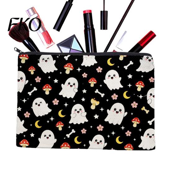Non Fading Pattern Pouch Cosmetic Bag, Halloween Print Makeup Canvas Durable Data Cable Organizer Zipper Pouch, for Change Storage Anti Pilling Bag