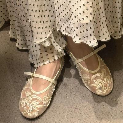 Модная сетчатая ткань, круглый носок, ремешок с пряжкой, плоские каблуки, женские сандалии, дизайнерская вышитая обувь-мюли, Zapatos De Mujer