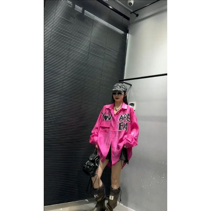 Womens Loose Fit Long Sleeve Shirt Lightweight Letter Print Button Up Top Casual Streetwear 2026