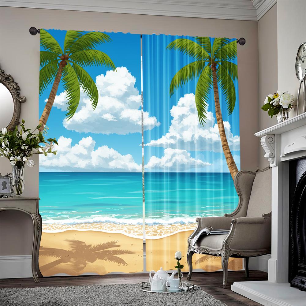 2pcs spring summer Curtains Hawaii Beach Ocean Art Digital Print Drapes Fabric Home Decor Perfect for Bedroom Living Room