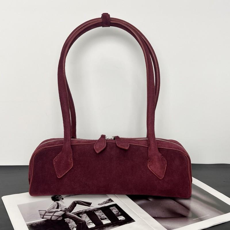 Womens Genuine Leather Loaf Bag Medium Size French Chic Shoulder Handbag With Zip Front Pocket
