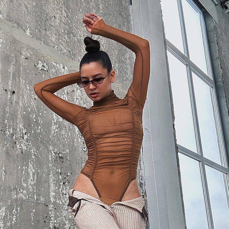 Женский прозрачный боди с длинным рукавом из сетки - Шикарный облегающий топ с высокой талией