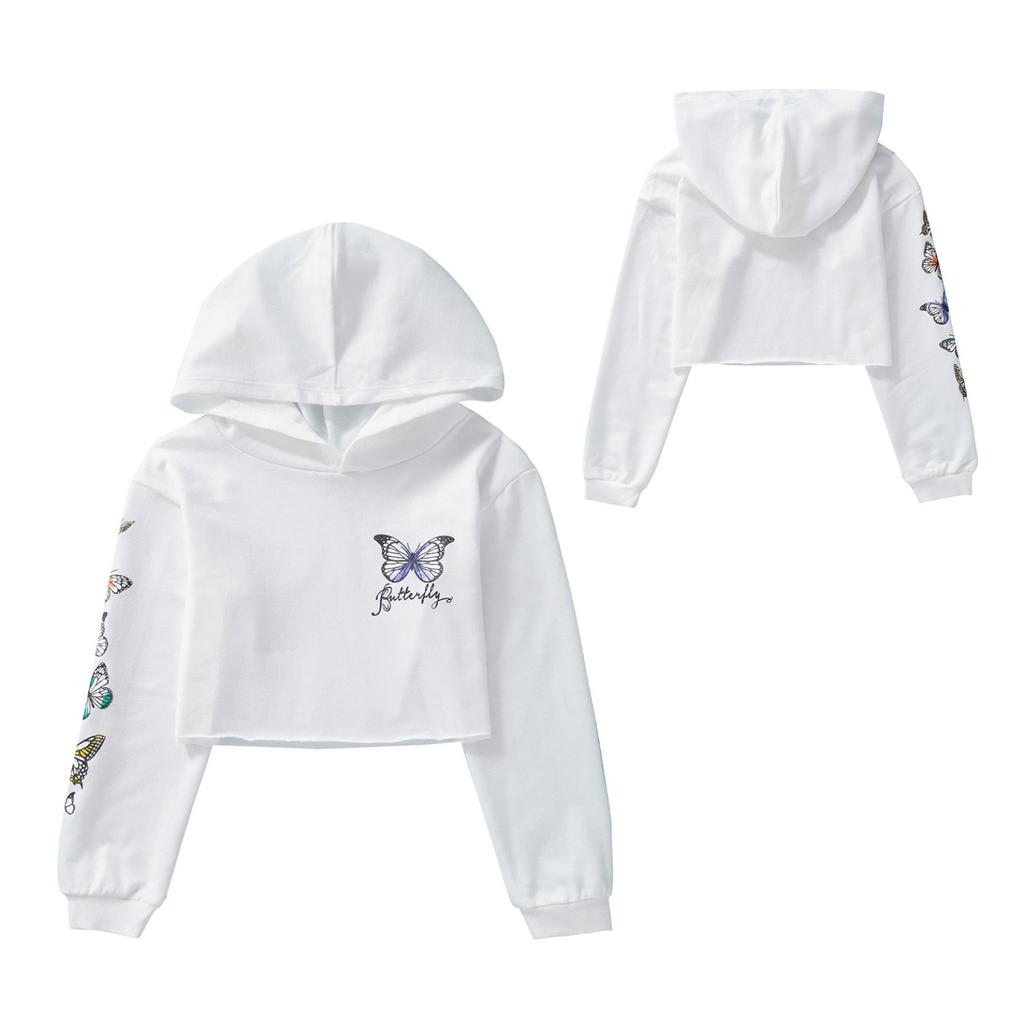 Укороченные топы с капюшоном и принтом бабочки для девочек, куртки, детские толстовки, осенняя одежда