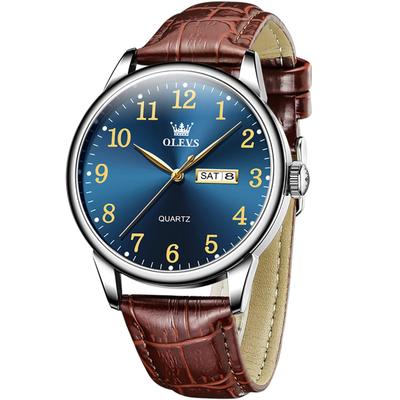 OLEVS Аналоговые кварцевые часы Day of the Business Brown Leather Популярные легкие в синем циферблате Большие часы для мужчин Мужские часы, дата, неделя, мужские часы, стильные,
