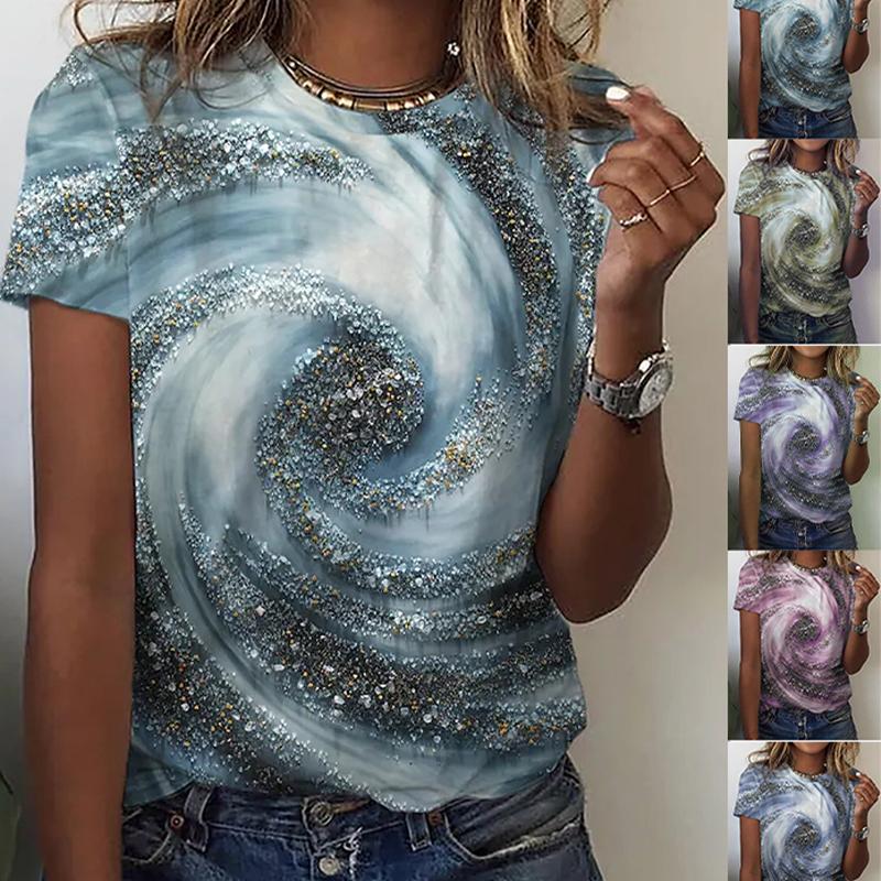 Women Summer T Shirt Trend Marbling Print Retro Fashion Short Sleeve Tees Casual Printed Tops
