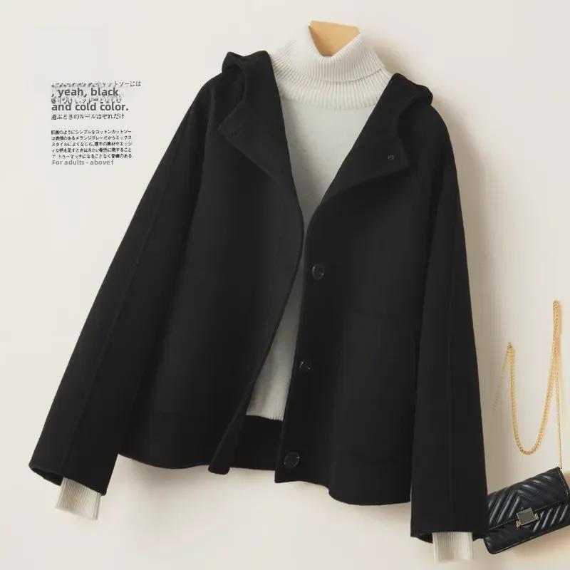 Petite Women's Hepburn-Style Black Wool Hooded Coat - Short, Double-Faced for 2024 Autumn/Winter