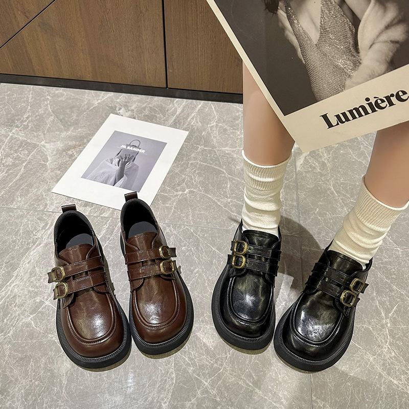 Туфли кожаные с круглым носком и юбкой на толстом каблуке, весенние и осенние туфли в британском стиле с пряжкой на ремне, ретро-лоферы, женские туфли на платформе