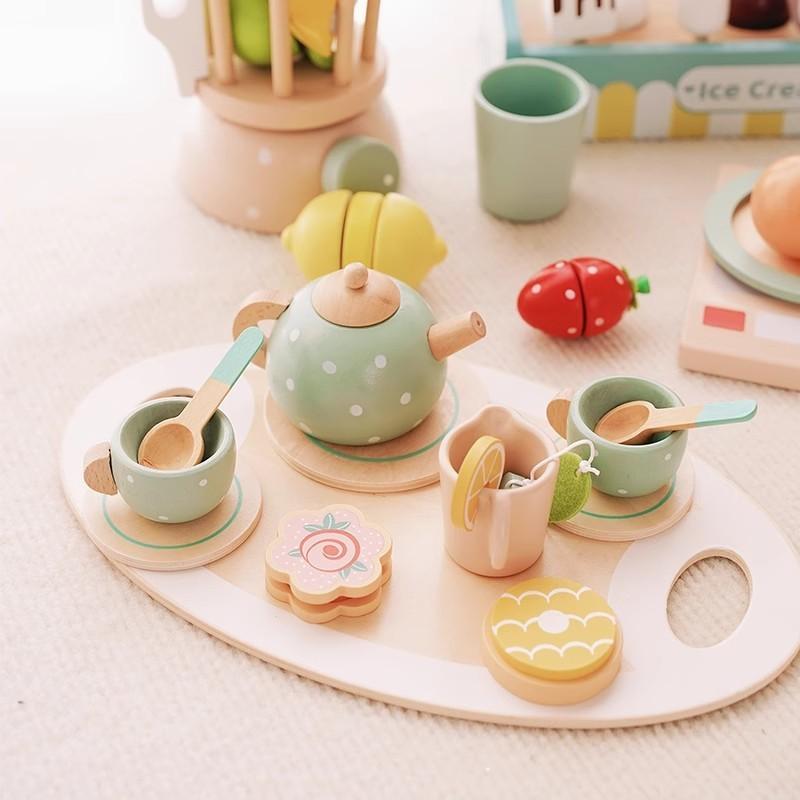 Children Play Tea Set With Wooden Cake And Pots For Creative Kitchen Pretend Games