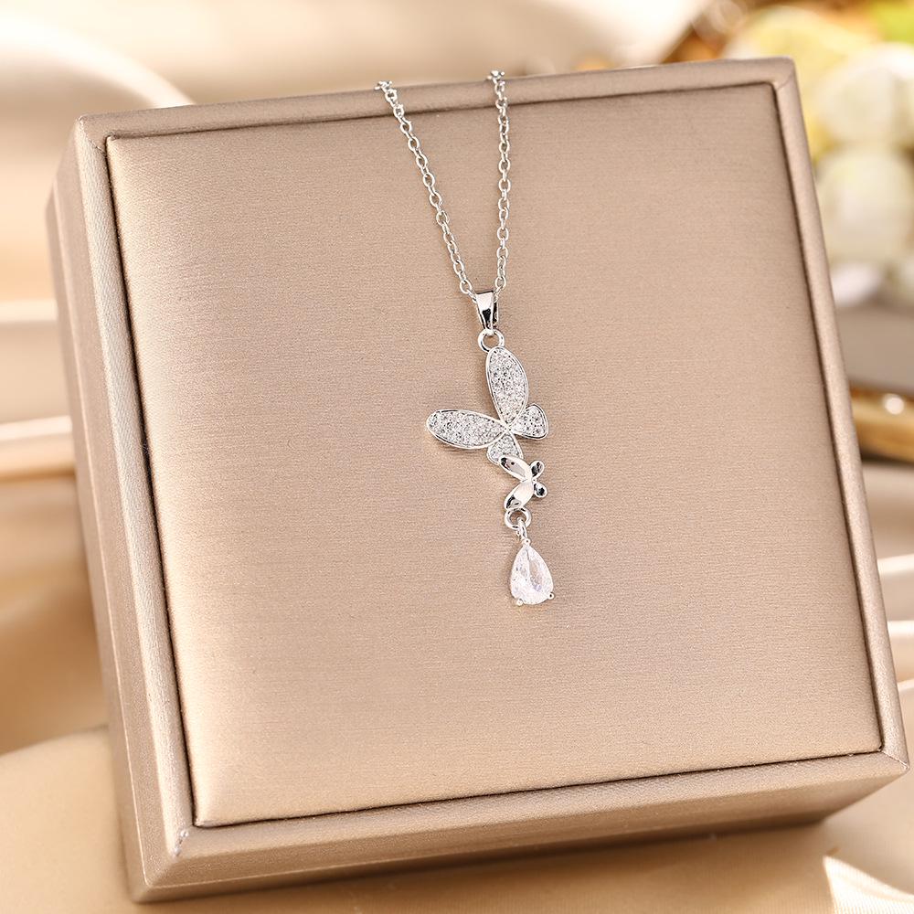 Korean Butterfly Tassel Luxury Diamond Titanium Steel Necklace - Women's Versatile Clavicle Jewelry
