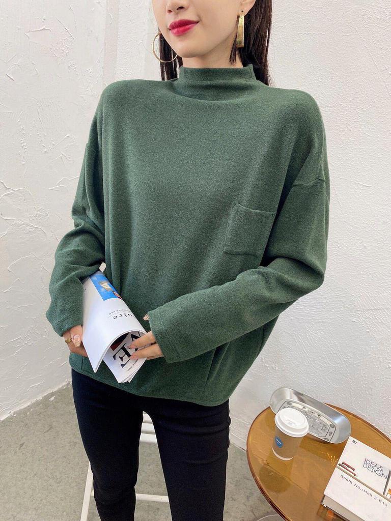 Plush Velvet Korean Loose Half Turtleneck Pullover with Pocket for Autumn and Winter