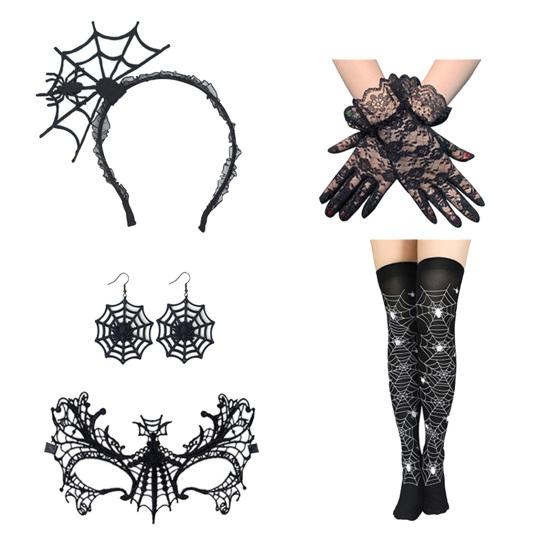 Костюм Паутины для Женщин Черное Кружевное Оголовье Чокер Перчатки