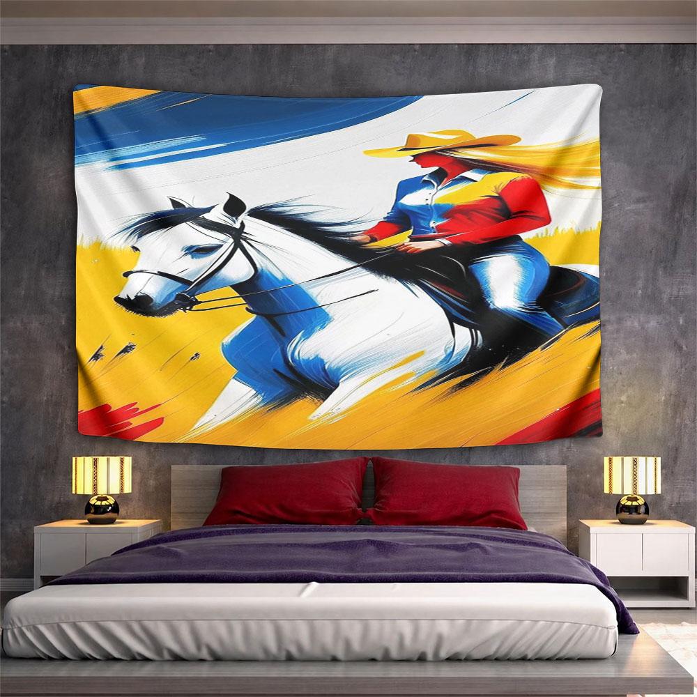 "Colorful Cowgirl Riding White Horse" Pattern Wall Hanging Tapestry Decorative Tapestry Home Decor for Bedroom and Living Room
