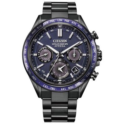 Attesa Watch, Eco-Drive с питанием от света, Радиоуправление через спутник GPS, Водонепроницаемые, Сапфировый безель, Черный/Фиолетовый, CC4059-64L, Мужские, Черные