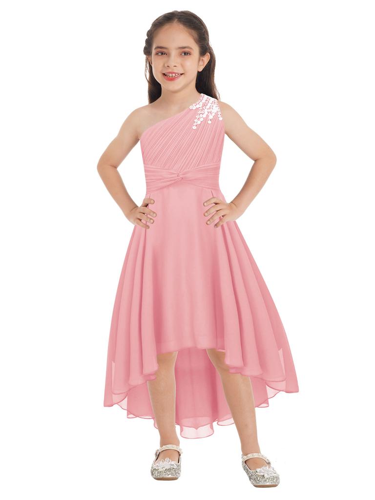 Kids Girls One Shoulder Sleeveless Bridesmaid Dress High Waist Party Dress for Evening Proms Gowns