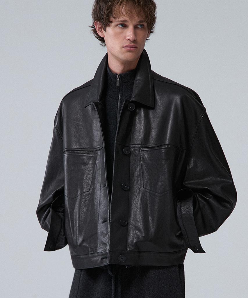 UMARMUNG Italian Vegetable Lambskin Trucker Jacket_Earthy Black