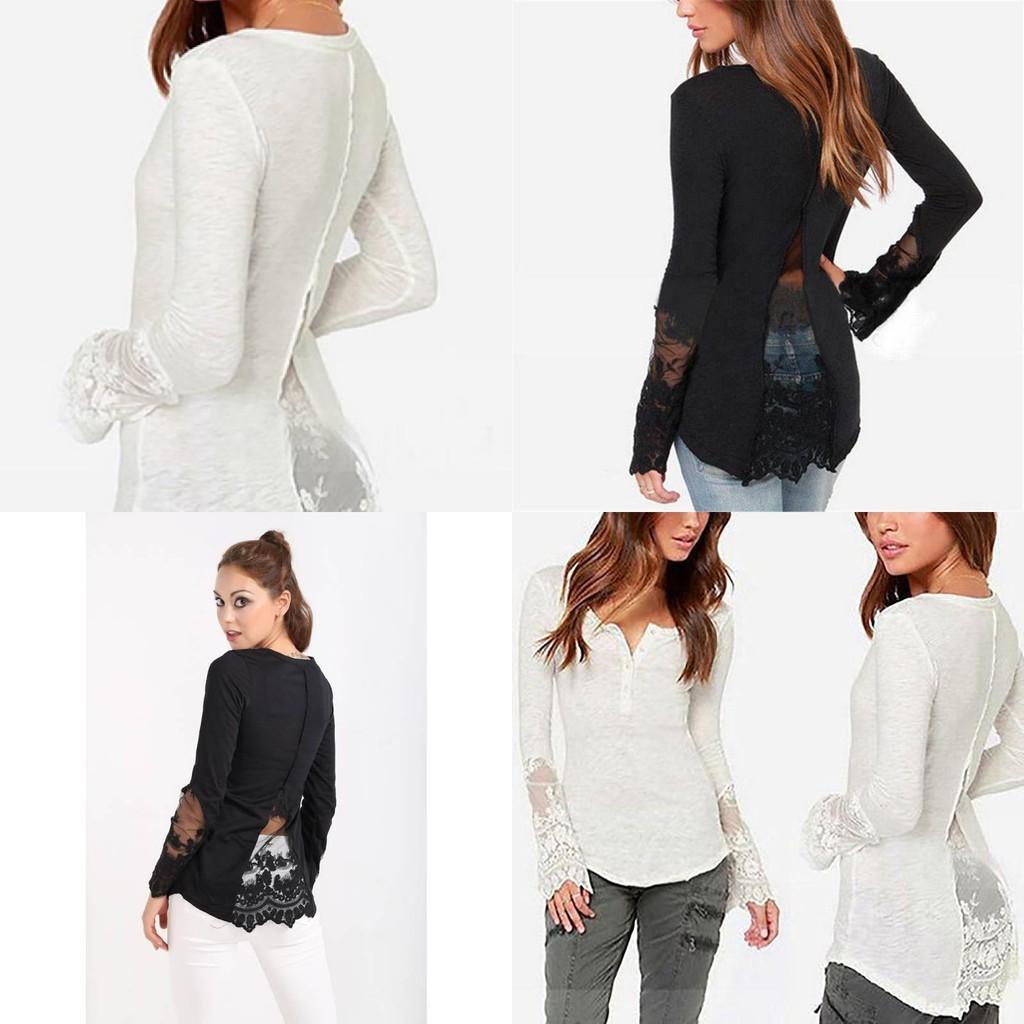 Elegant Lace Stitching Women's T-shirt Slim Fit Long Sleeve Cotton Top