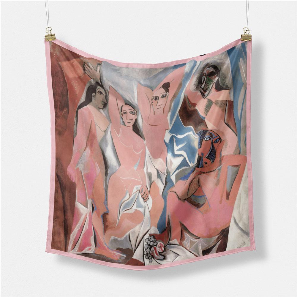 53CM Twill Silk Scarf Woman Painting Square Scarves Wraps Bandana Small Hijab Silk Foulards Tie Headband Neckerchief