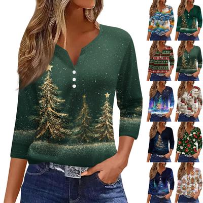 Женский повседневный модный топ с V-образным вырезом, свободного кроя, универсальный, с рождественским принтом, рукав три четверти