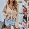 Women's Fashion Knitted V-Neck Hollowed Out Drawstring Flared Sleeve Jumper