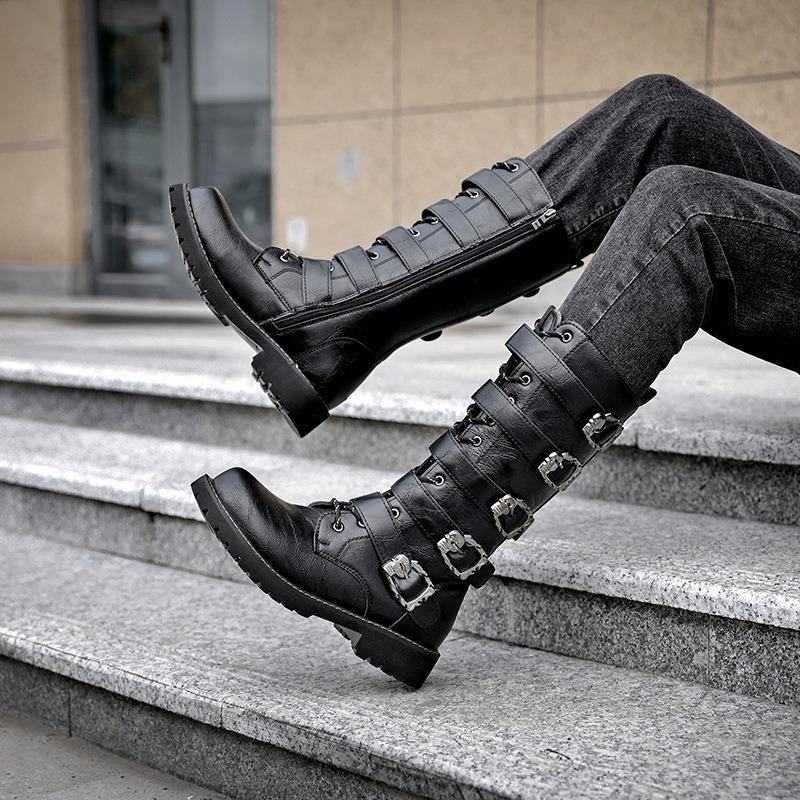 Gothic Punk Platform Boots Fashion Men Motorcycle Boot Quality Leather Mid-calf Boots Western Cowboy Boots Men Booties Botas2025