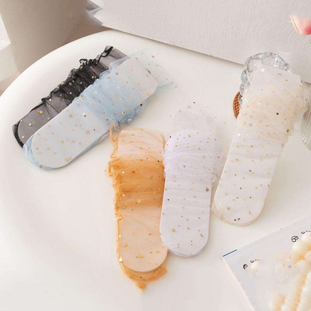 5Pairs Star Moon Tulle Shiny Socks Mid-calf Mesh Tube Socks Women Cute Transparent Bow Socks Girl
