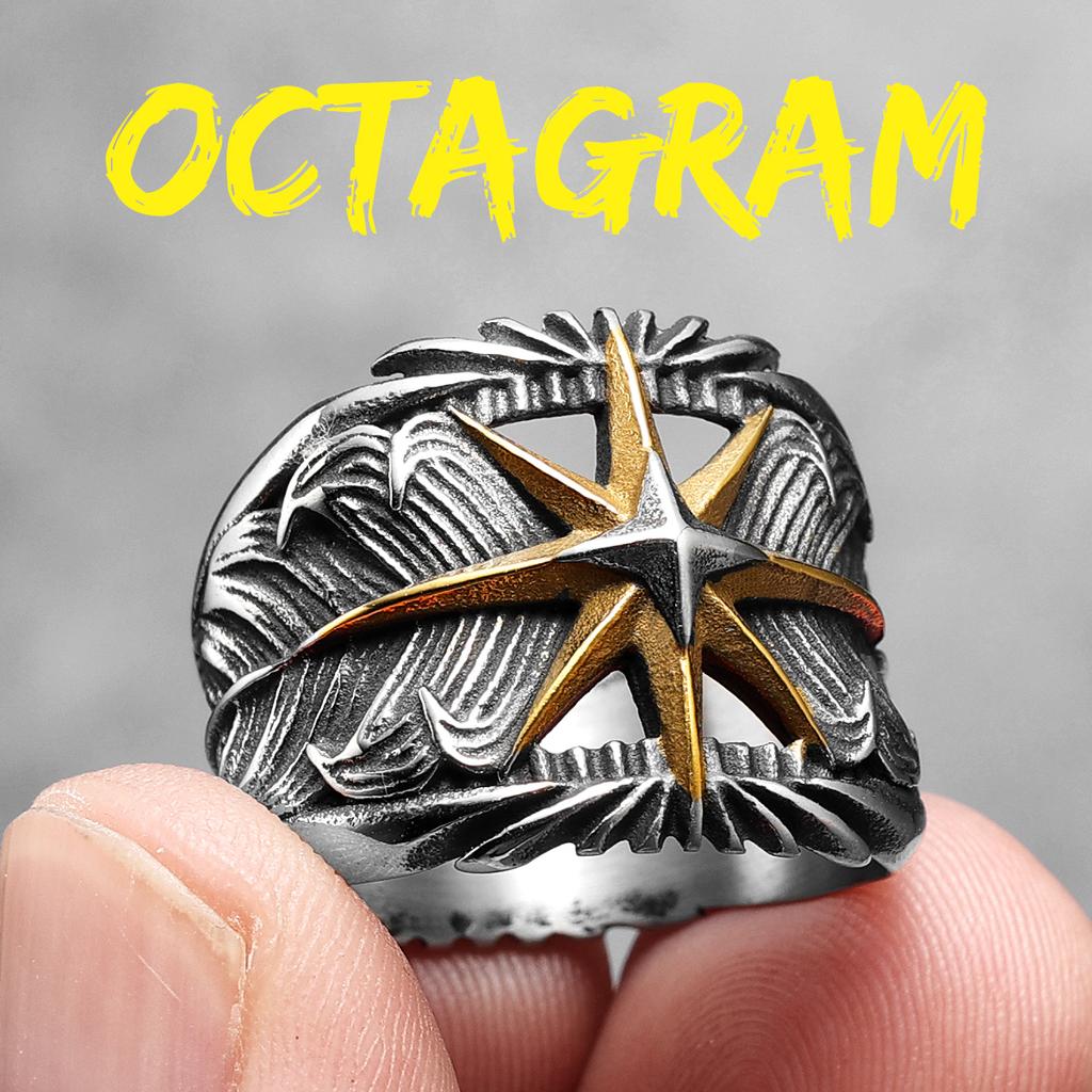 Кольцо Octagram из нержавеющей стали 316L с перьями, мужское кольцо в стиле панк-рок, рэп для байкера, мужского друга, ювелирное изделие, креативный подарок