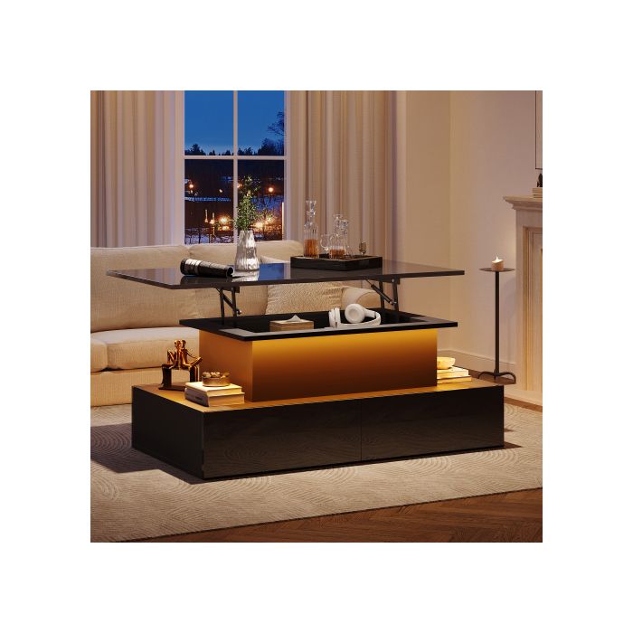 Table basse - MUVOE - Moderne - Noir brillant - Éclairage LED - 4 tiroirs