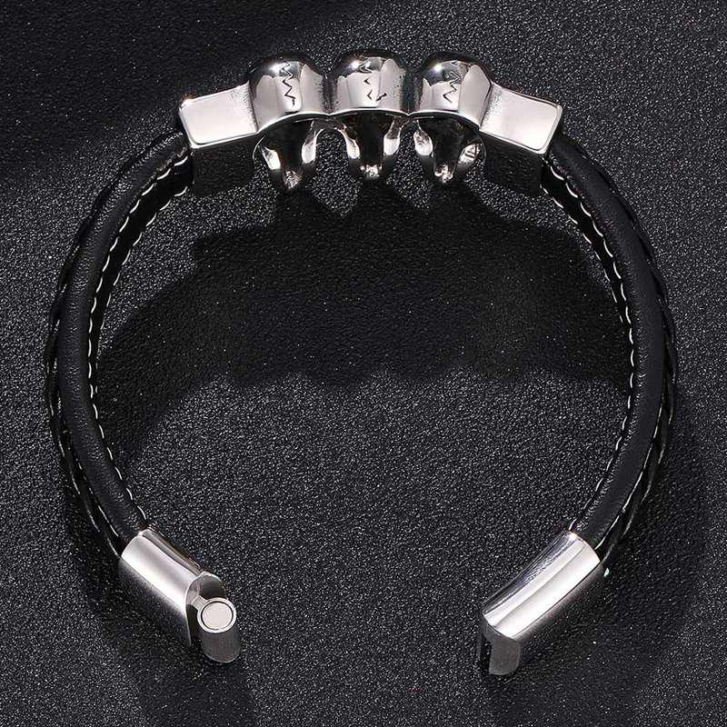 Панк-браслет Череп Скелет Нержавеющая сталь Кожаные браслеты и браслеты Мужские черные плетеные кожаные панк-мужские украшения BB0188