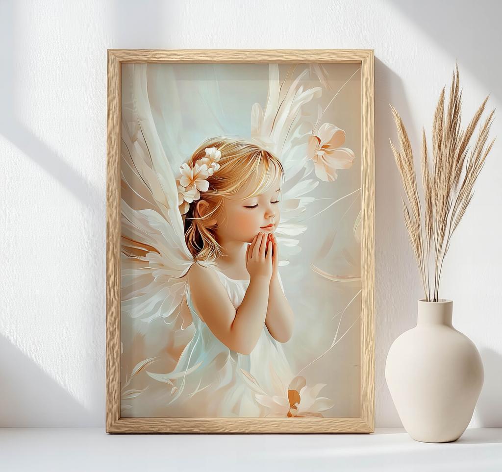 Plakat Urokliwy Aniołek W Modlitwie Plakat Urokliwy Aniołek W Modlitwie, 50X70 Cm, Bez Ramy, Płótno Premium Na Blejtramie