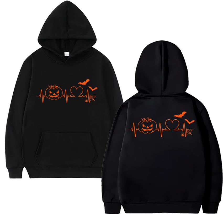 Hot Sale New Halloween Pumpkin Heartbeat Double Sided print Hoodie Unisex vintage hip hop streetwear Men women Fleece pullovers