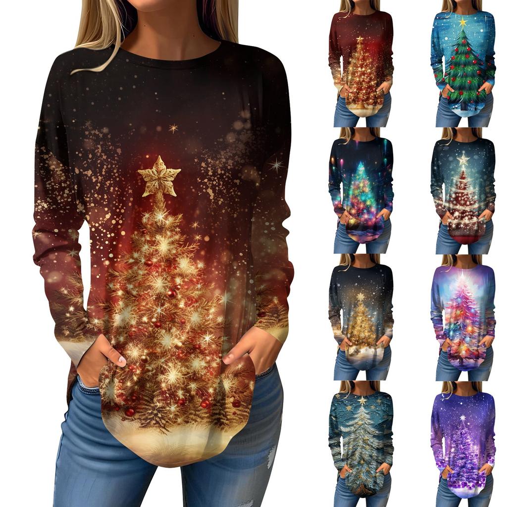 Женская свободная футболка с круглым вырезом и рождественским принтом, длинный рукав, пуловер, толстовка с длинными рукавами
