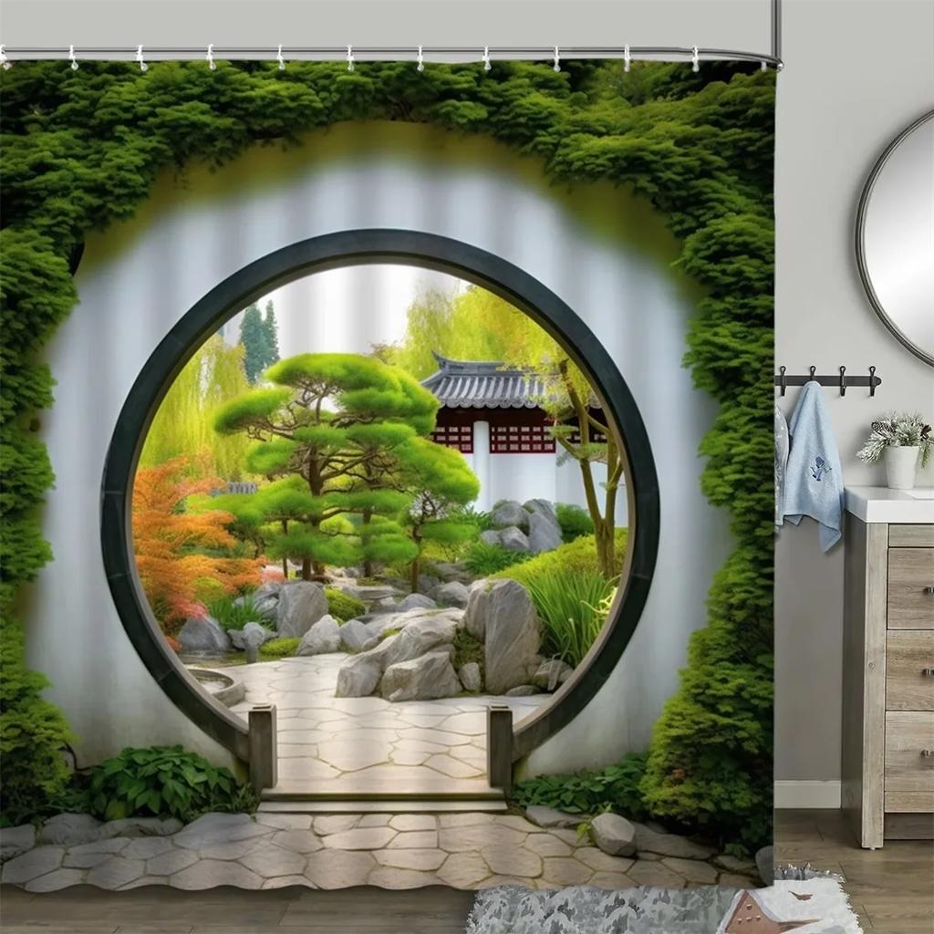 Шторка для душа в китайском стиле, винтажная деревянная доска, садовая постройка, зеленые растения, бамбуковый узор, декор для ванной комнаты, комплект штор