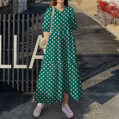 Женское повседневное платье с круглым вырезом и коротким рукавом в горошек