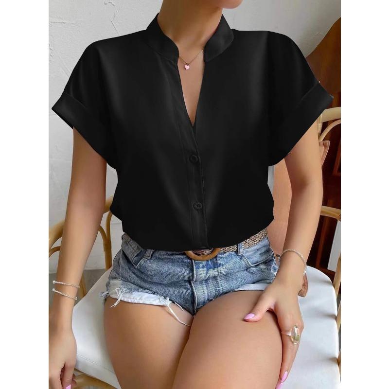 VEZFAA Женские модные повседневные летние весенние однотонные блузки и рубашки с короткими рукавами и воротником-стойкой с принтом