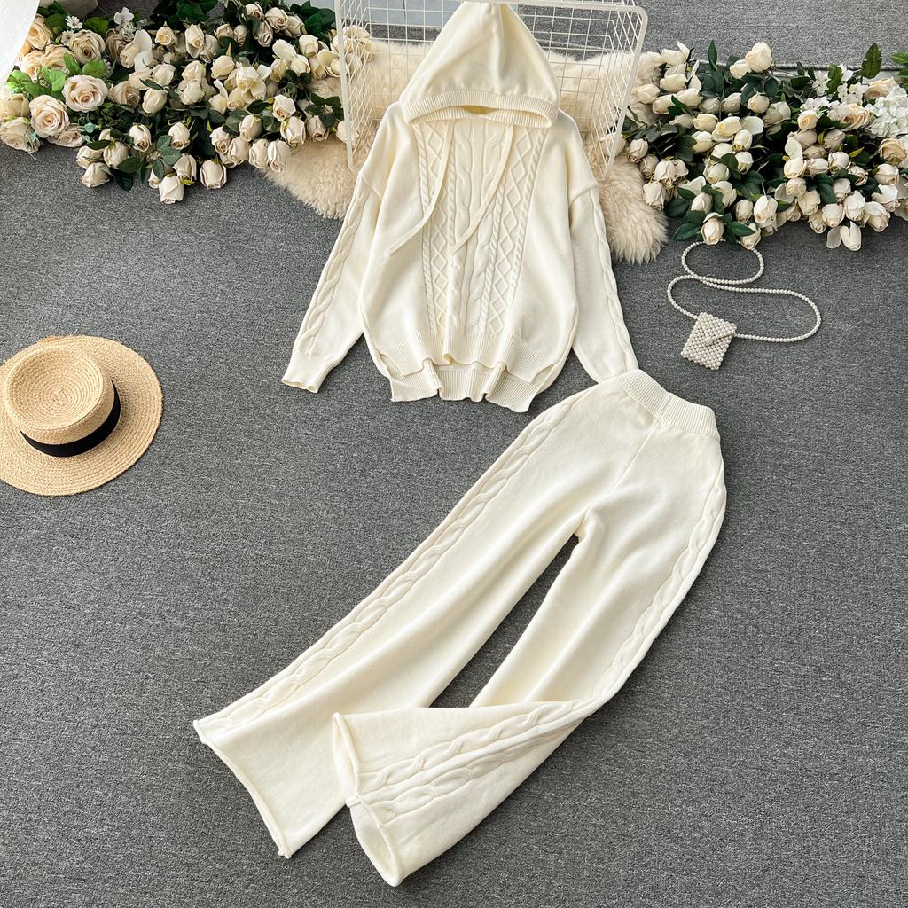 Осенне-зимний женский вязаный свитер, спортивный костюм, модный пуловер с капюшоном, топы и широкие брюки, комплект из двух предметов